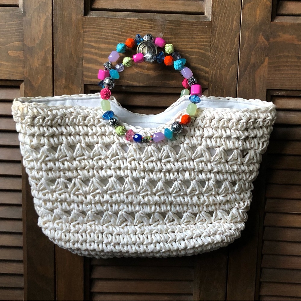 Beaded Soft-Woven Straw Handbag